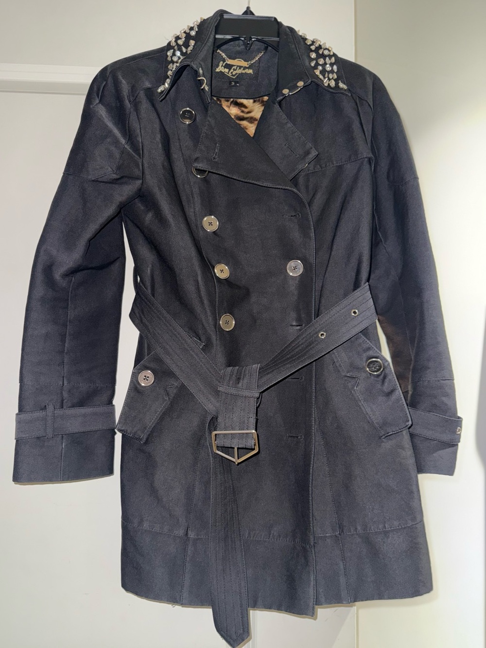 Sam Edelman Black Studded-Collar Double-Breasted Trench
